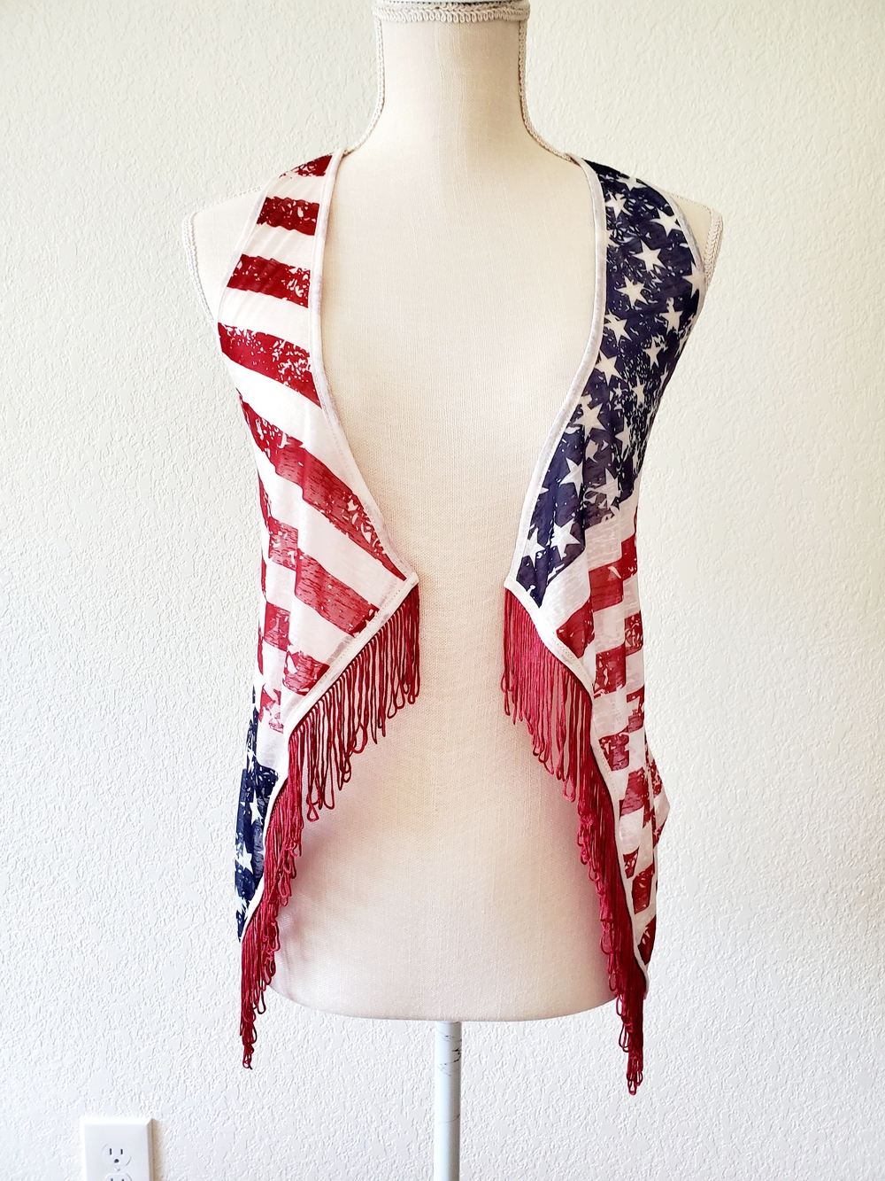 Claire's Red White and Blue American Flag Fringe Vest
